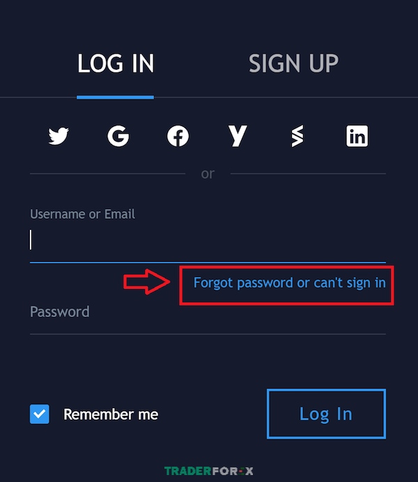 Bạn bấm vào “Forgot password or can’t sign in" như hình để lấy lại tài khoản TradingView của mình
